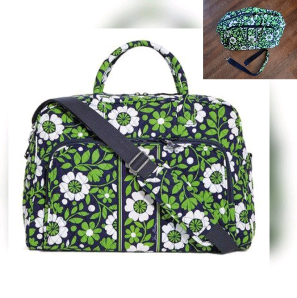 Vera Bradley Lucky You Weekender Bag Trolley Sleeve Green White Navy 18" USED 1